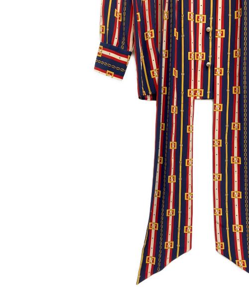 GUCCI（グッチ）GUCCI (グッチ) パールボタンシルクボウタイブラウス ネイビー×レッド サイズ:36の古着・服飾アイテム