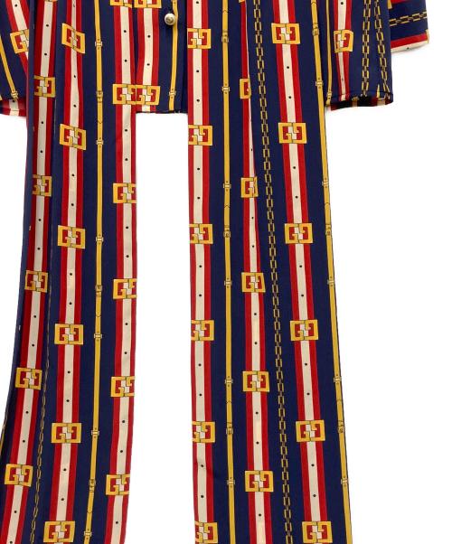 GUCCI（グッチ）GUCCI (グッチ) パールボタンシルクボウタイブラウス ネイビー×レッド サイズ:36の古着・服飾アイテム