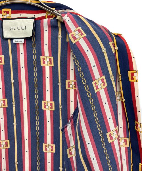 GUCCI（グッチ）GUCCI (グッチ) パールボタンシルクボウタイブラウス ネイビー×レッド サイズ:36の古着・服飾アイテム