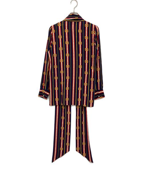 GUCCI（グッチ）GUCCI (グッチ) パールボタンシルクボウタイブラウス ネイビー×レッド サイズ:36の古着・服飾アイテム