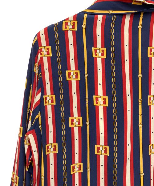 GUCCI（グッチ）GUCCI (グッチ) パールボタンシルクボウタイブラウス ネイビー×レッド サイズ:36の古着・服飾アイテム