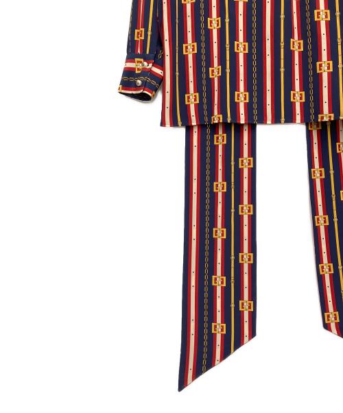 GUCCI（グッチ）GUCCI (グッチ) パールボタンシルクボウタイブラウス ネイビー×レッド サイズ:36の古着・服飾アイテム