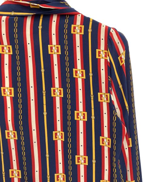 GUCCI（グッチ）GUCCI (グッチ) パールボタンシルクボウタイブラウス ネイビー×レッド サイズ:36の古着・服飾アイテム