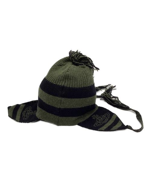 Vivienne Westwood（ヴィヴィアンウエストウッド）Vivienne Westwood (ヴィヴィアンウエストウッド) 耳当て付きニット帽 ブラック×グリーンの古着・服飾アイテム