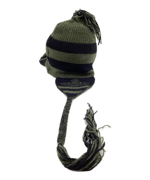 Vivienne Westwood（ヴィヴィアンウエストウッド）Vivienne Westwood (ヴィヴィアンウエストウッド) 耳当て付きニット帽 ブラック×グリーンの古着・服飾アイテム
