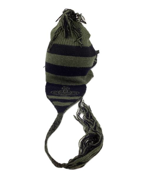 Vivienne Westwood（ヴィヴィアンウエストウッド）Vivienne Westwood (ヴィヴィアンウエストウッド) 耳当て付きニット帽 ブラック×グリーンの古着・服飾アイテム
