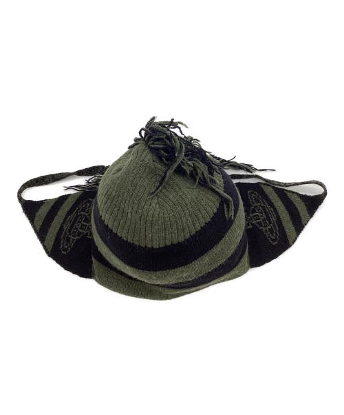 Vivienne Westwood（ヴィヴィアンウエストウッド）Vivienne Westwood (ヴィヴィアンウエストウッド) 耳当て付きニット帽 ブラック×グリーンの古着・服飾アイテム