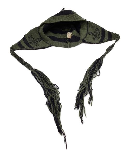 Vivienne Westwood（ヴィヴィアンウエストウッド）Vivienne Westwood (ヴィヴィアンウエストウッド) 耳当て付きニット帽 ブラック×グリーンの古着・服飾アイテム