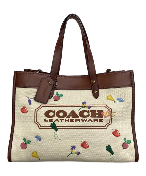 COACH（コーチ）COACH (コーチ) 2WAYバッグ フィールド トート 30 ウィズ ガーデン エンブロイダリー ブラウン×ベージュの古着・服飾アイテム