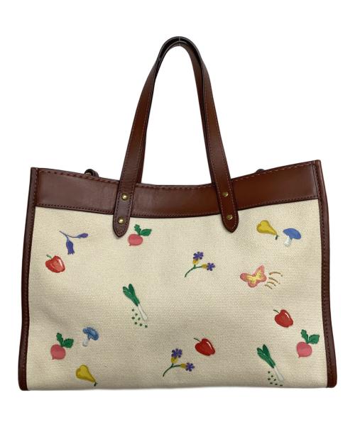COACH（コーチ）COACH (コーチ) 2WAYバッグ フィールド トート 30 ウィズ ガーデン エンブロイダリー ブラウン×ベージュの古着・服飾アイテム
