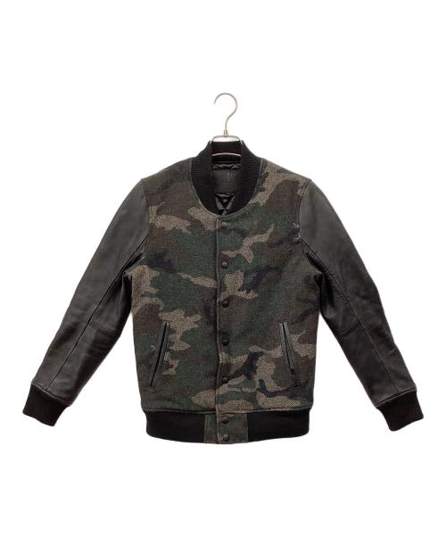 NO ID.（ノーアイディー）NO ID. (ノーアイディー) ウールツイードレザースリーブスタジャン ブラック×ダークグリーン サイズ:1の古着・服飾アイテム