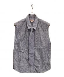 masu（エムエーエスユー）の古着「DIAMOND CUT SLEEVELESS SHIRT」｜ブルー×ホワイト
