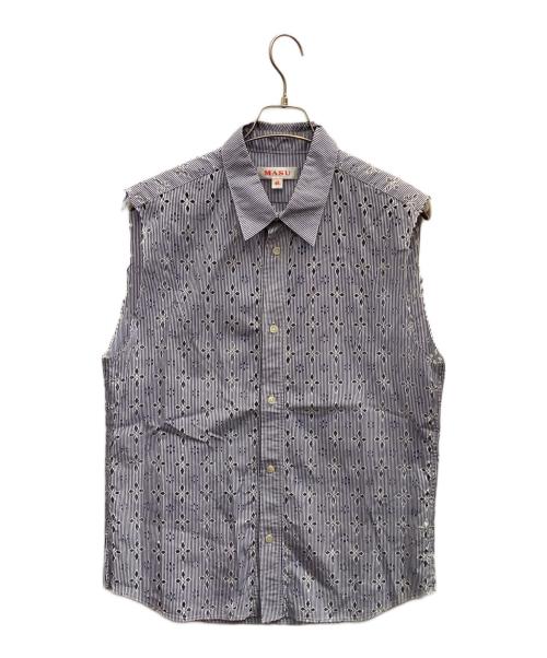 masu（エムエーエスユー）masu (エムエーエスユー) DIAMOND CUT SLEEVELESS SHIRT ブルー×ホワイト サイズ:48の古着・服飾アイテム