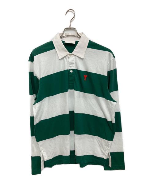 ami（アミ）ami (アミ) de Coeur Striped Polo Shirt ホワイト×グリーン サイズ:L 未使用品の古着・服飾アイテム