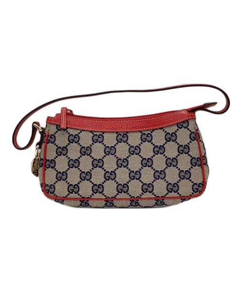 GUCCI（グッチ）GUCCI (グッチ) GGキャンバス ハンドポーチ レッド×グレーの古着・服飾アイテム