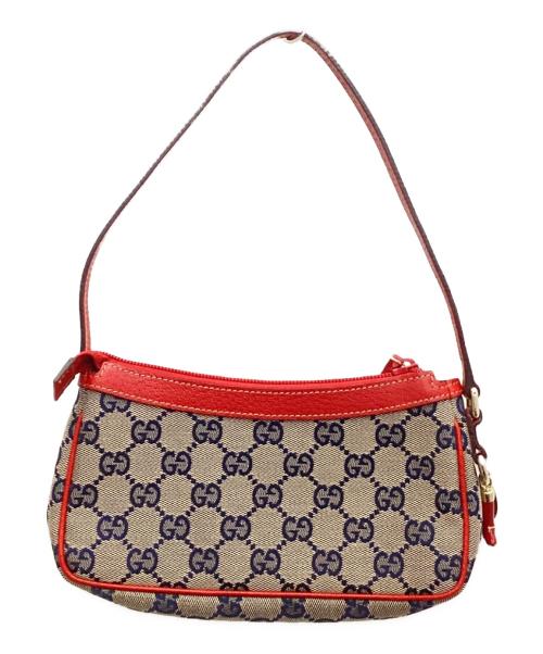 GUCCI（グッチ）GUCCI (グッチ) GGキャンバス ハンドポーチ レッド×グレーの古着・服飾アイテム