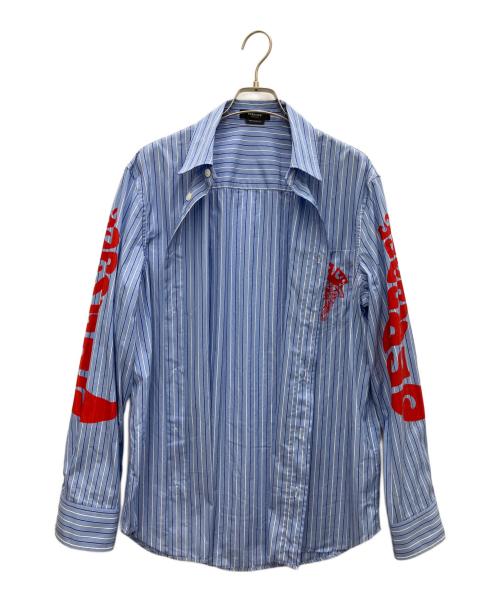 VERSACE（ヴェルサーチェ）VERSACE (ヴェルサーチェ) メデューサミュージックストライプロゴ長袖シャツ スカイブルー サイズ:44の古着・服飾アイテム