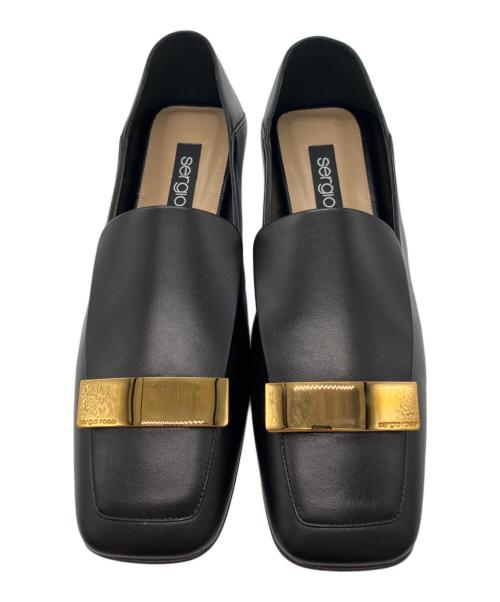 sergio rossi（セルジオロッシ）sergio rossi (セルジオロッシ) メタルプレートロゴレザースクエアトゥフラットシューズ ブラック サイズ:38の古着・服飾アイテム