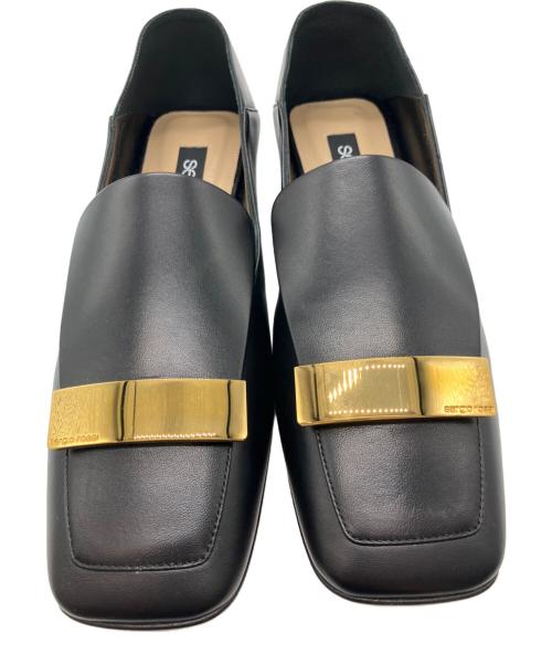 sergio rossi（セルジオロッシ）sergio rossi (セルジオロッシ) メタルプレートロゴレザースクエアトゥフラットシューズ ブラック サイズ:38の古着・服飾アイテム