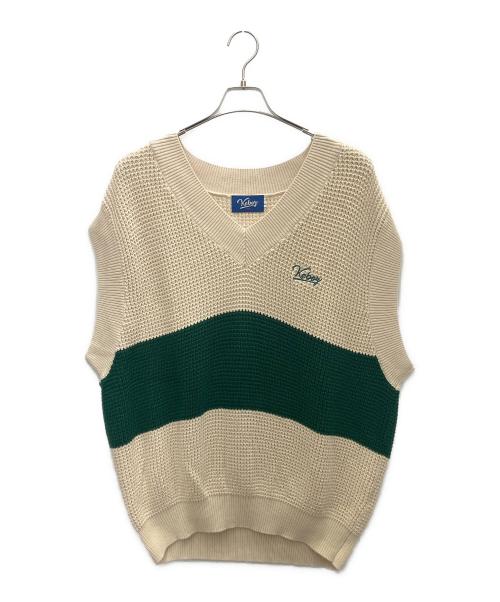 KEBOZ（ケボズ）KEBOZ (ケボズ) ニットベスト グリーン×ベージュ サイズ:Lの古着・服飾アイテム
