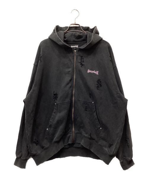 SUPPLIER（サプライヤー）SUPPLIER (サプライヤー) ジップパーカー　ダメージ加工 ブラック サイズ:XLの古着・服飾アイテム