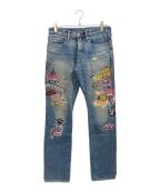 Hysteric Glamourヒステリックグラマー）の古着「HG STICKERS スリムストレートデニムパンツ」｜グリーン