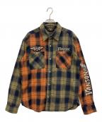 VANSONバンソン）の古着「長袖シャツ」｜グリーン×オレンジ