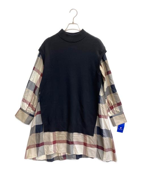 BLUE LABEL CRESTBRIDGE（ブルーレーベルクレストブリッジ）BLUE LABEL CRESTBRIDGE (ブルーレーベルクレストブリッジ) プレーンストレッチブロードワンピース ベージュ×ネイビー サイズ:38の古着・服飾アイテム