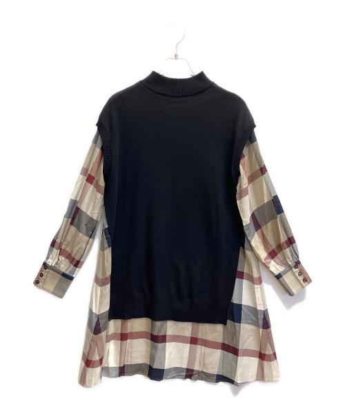 BLUE LABEL CRESTBRIDGE（ブルーレーベルクレストブリッジ）BLUE LABEL CRESTBRIDGE (ブルーレーベルクレストブリッジ) プレーンストレッチブロードワンピース ベージュ×ネイビー サイズ:38の古着・服飾アイテム