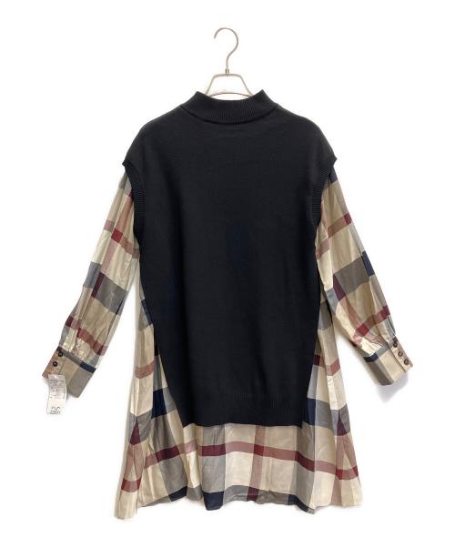 BLUE LABEL CRESTBRIDGE（ブルーレーベルクレストブリッジ）BLUE LABEL CRESTBRIDGE (ブルーレーベルクレストブリッジ) プレーンストレッチブロードワンピース ベージュ×ネイビー サイズ:38の古着・服飾アイテム