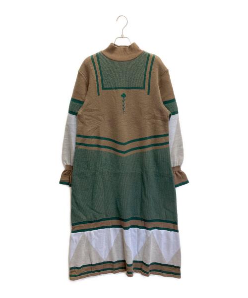 yuki shimane（ユキ シマネ）yuki shimane (ユキ シマネ) Once upon a time Jacquard dress ニットドレス ワンピース グリーン×ブラウン サイズ:FREEの古着・服飾アイテム