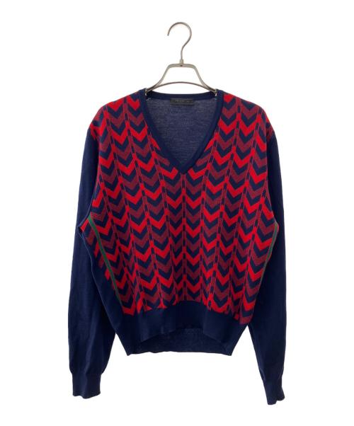 PRADA（プラダ）PRADA (プラダ) Vネックニット ネイビー×レッド サイズ:46の古着・服飾アイテム