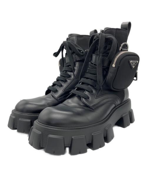 PRADA（プラダ）PRADA (プラダ) モノリス ポーチ付 レザーx Re-Nylon コンバットブーツ ブラック サイズ:7 1/2の古着・服飾アイテム