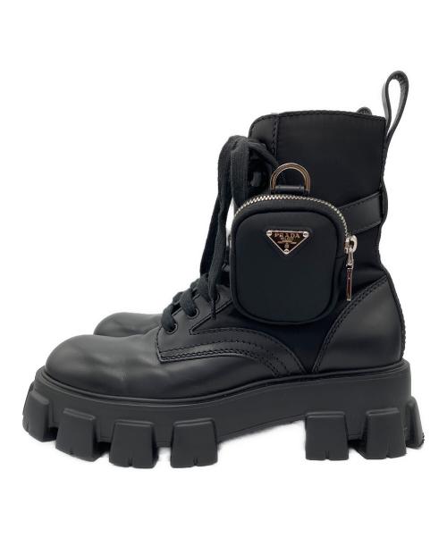 PRADA（プラダ）PRADA (プラダ) モノリス ポーチ付 レザーx Re-Nylon コンバットブーツ ブラック サイズ:7 1/2の古着・服飾アイテム