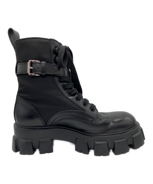 PRADA（プラダ）PRADA (プラダ) モノリス ポーチ付 レザーx Re-Nylon コンバットブーツ ブラック サイズ:7 1/2の古着・服飾アイテム