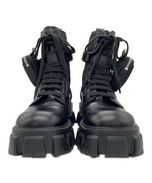 PRADA（プラダ）PRADA (プラダ) モノリス ポーチ付 レザーx Re-Nylon コンバットブーツ ブラック サイズ:7 1/2の古着・服飾アイテム
