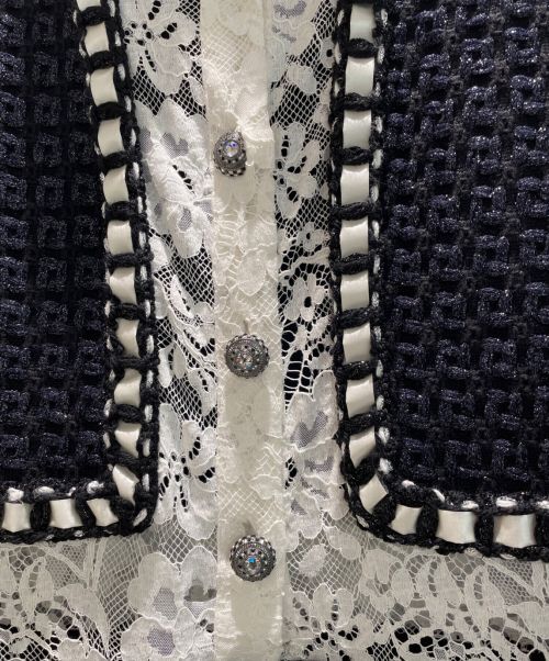 CHANEL（シャネル）CHANEL (シャネル) フラワーレースツイードワンピース ネイビー サイズ:38の古着・服飾アイテム