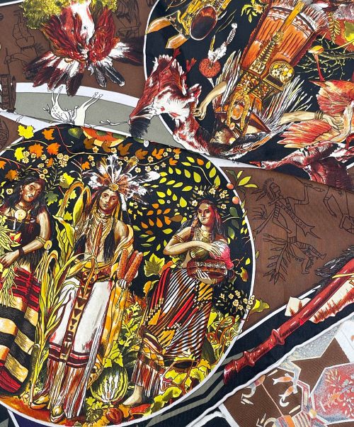 HERMES（エルメス）HERMES (エルメス) カレ 90/褐色の男達の伝説 MYTHOLOGIES DES HOMMES ROUGES ブラック×ブラウン サイズ:90の古着・服飾アイテム