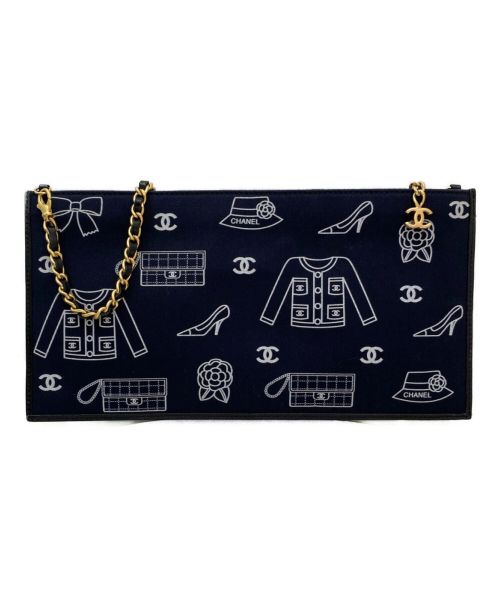 CHANEL（シャネル）CHANEL (シャネル) チェーンキャンバススクエアハンドポーチ ネイビーの古着・服飾アイテム