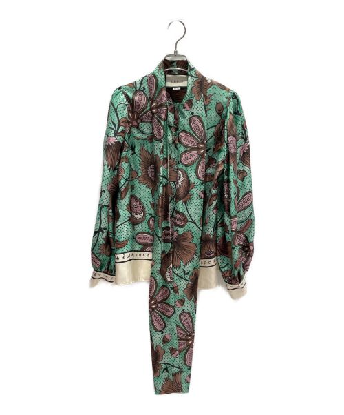 GUCCI（グッチ）GUCCI (グッチ) ボタニカル シルクボウタイブラウス グリーン サイズ:38の古着・服飾アイテム