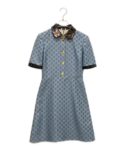 GUCCI（グッチ）GUCCI (グッチ) GG ロゴエナメル切り替え半袖ワンピース ネイビー サイズ:36の古着・服飾アイテム