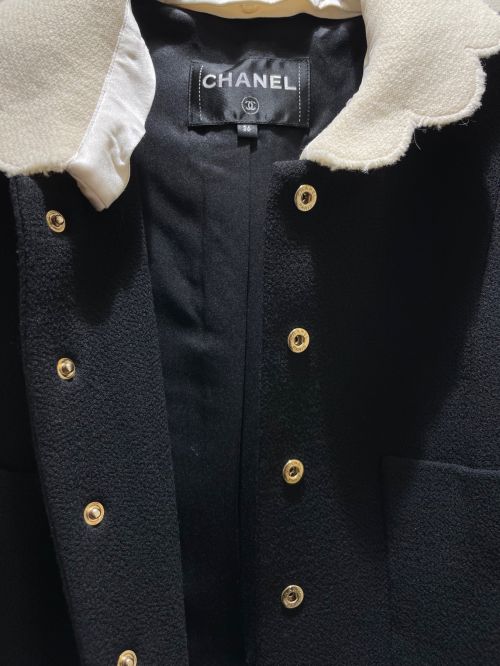 CHANEL（シャネル）CHANEL (シャネル) Coco button silk and wool coat ブラック×アイボリー サイズ:36の古着・服飾アイテム