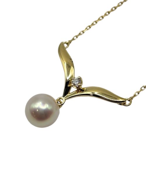 MIKIMOTO（ミキモト）MIKIMOTO (ミキモト) K18YG アコヤパール Vバンドトップ ダイヤ ネックレス サイズ:7.0mm/40.5cmの古着・服飾アイテム