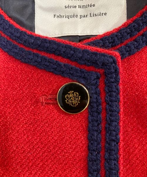 Lisiere（リジェール）Lisiere (リジェール) ノーカラー金ボタンツイードジャケット レッド サイズ:36の古着・服飾アイテム