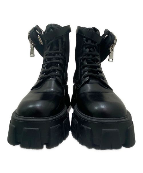 PRADA（プラダ）PRADA (プラダ) モノリス ポーチ付 ブラッシュドレザーx Re-Nylon ブーツ ブラック サイズ:38の古着・服飾アイテム