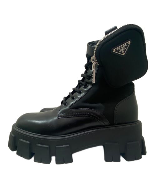 PRADA（プラダ）PRADA (プラダ) モノリス ポーチ付 ブラッシュドレザーx Re-Nylon ブーツ ブラック サイズ:38の古着・服飾アイテム