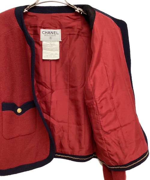 CHANEL（シャネル）CHANEL (シャネル) Collarless Wool Jacket（カラーレスウールジャケット） レッド サイズ:38の古着・服飾アイテム