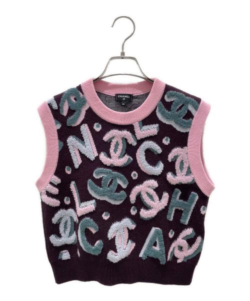 CHANEL（シャネル）CHANEL (シャネル) ココマーク カシミヤ ロゴ ニット ベスト ボルドー×ピンク サイズ:34の古着・服飾アイテム