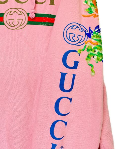 GUCCI（グッチ）GUCCI (グッチ) ドラゴン刺繍プルオーバーパーカー ピンク サイズ:XLの古着・服飾アイテム