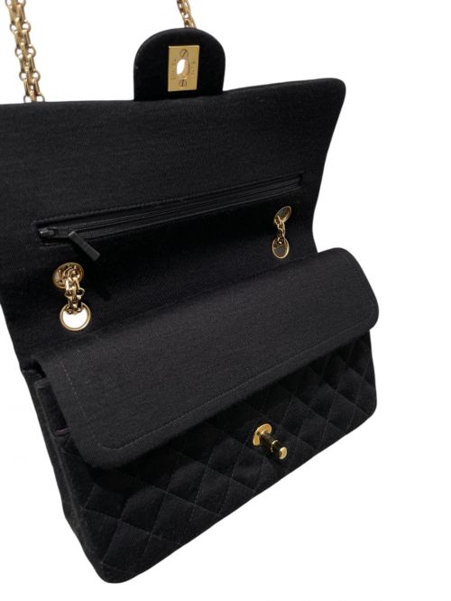 CHANEL（シャネル）CHANEL (シャネル) マトラッセ コットン ダブルフラップ ダブルチェーンバッグ ブラック×ゴールド金具 サイズ:25の古着・服飾アイテム